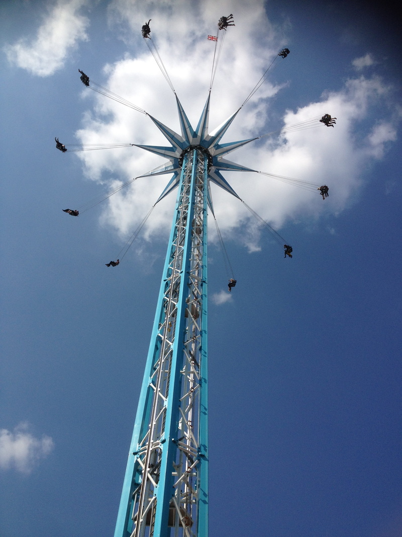 metal, outdoor, excitement, fairground, amusement park ride, high, ride, blue, cloud - sky, chain swing ride, architecture, nature, amusement park, tall - high