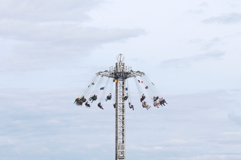 fairground, fun, outdoors, ride, tower, sky, cloud - sky, high, day, theme park, excitement, leisure activity, riding, amusement park, chain swing ride