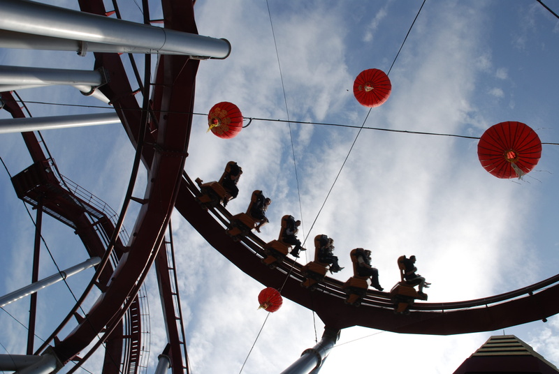 rollercoster, sky, directly below, day, architecture, cloud - sky, arts culture and entertainment, chinese lantern, men, 4K, chain swing ride, nature