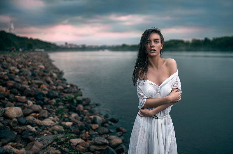 Vika, real people, standing, Victoria, looking at camera, young adult, hair, sky, dress, hairstyle, lake, nature, young women, George Chernyadev, fashion