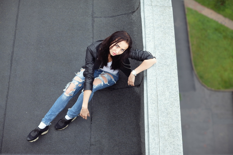 look, jeans, hair, 1080P, jacket, face, girl, Vika, roof