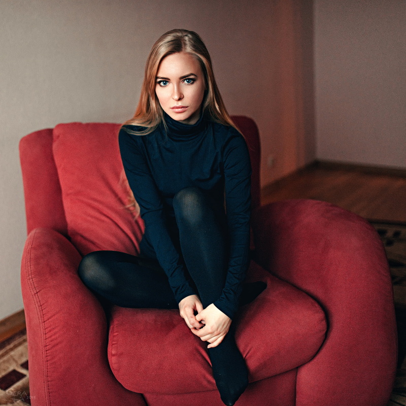 front view, beauty, sofa, beautiful woman, Victoria Pichurova, George Chernyadev, young adult, 1080P, furniture, lifestyles, sitting, young women, looking at camera