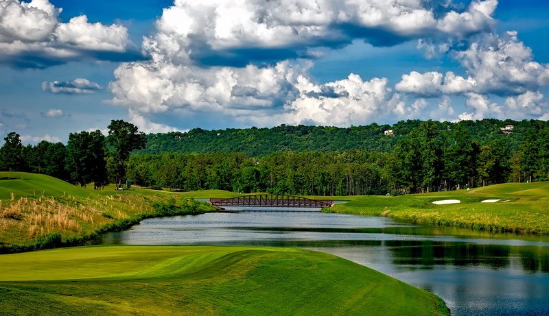 1080P, water, environment, scenics - nature, reflections, river, green, golf course, trees, sand trap, cloud - sky, sports, sky, recreation, grass, nature