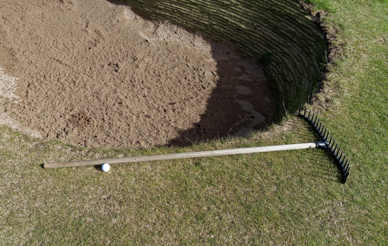 leisure, high angle view, sport, recreational, fairway, grass, green color, hay, golf ball, sunlight, shadow, sand, rake, golf, club, recreation, trap
