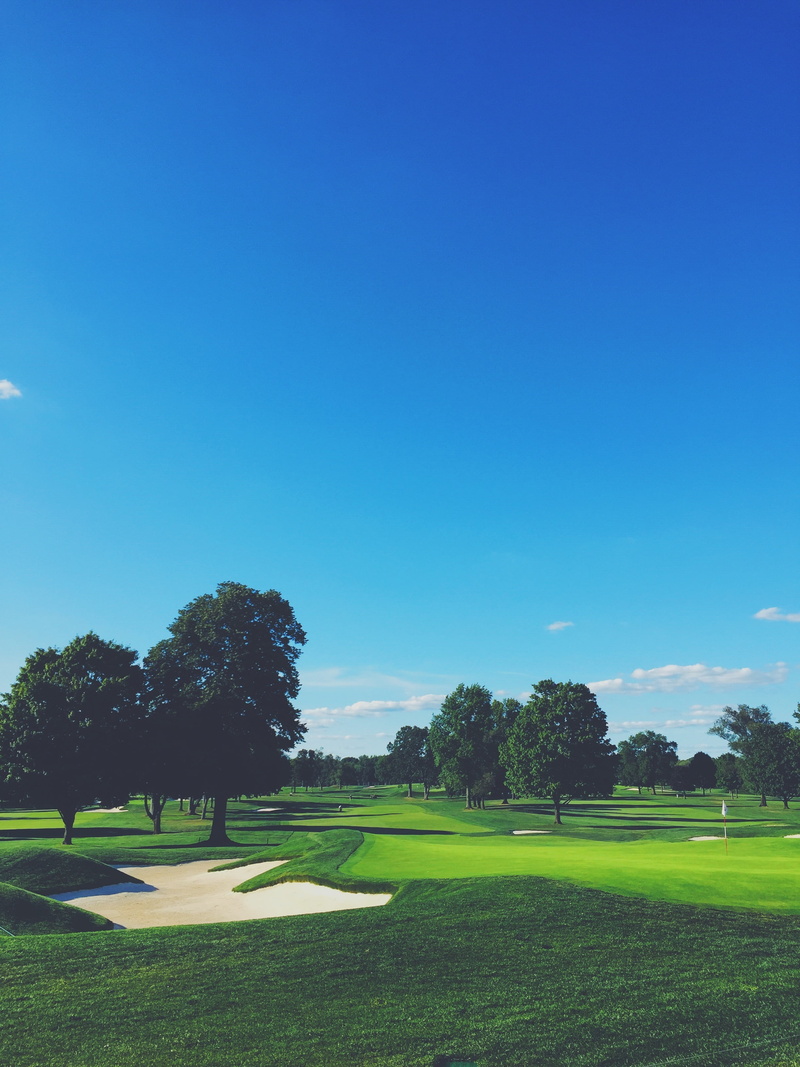 course, sky, sport, grass, field, lawn, leisure, plant, growth, play, environment, green, tranquility, nature, golf Course, game, blue, tranquil scene