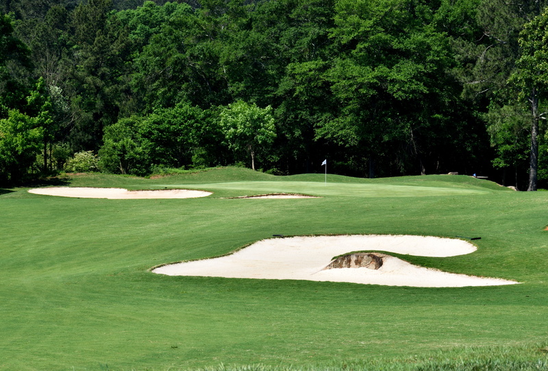 no people, recreation, bunker, green - golf course, growth, play, golf, outdoors, sand trap, plant, player, landscape, trap, sunlight, green color, 5K