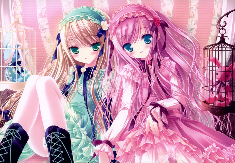 5K, girls, Dress, tinkle, people, pink, hair, eyes, green, ribbons, art, birdcage, illustrations, blue, anime, blondes, hd