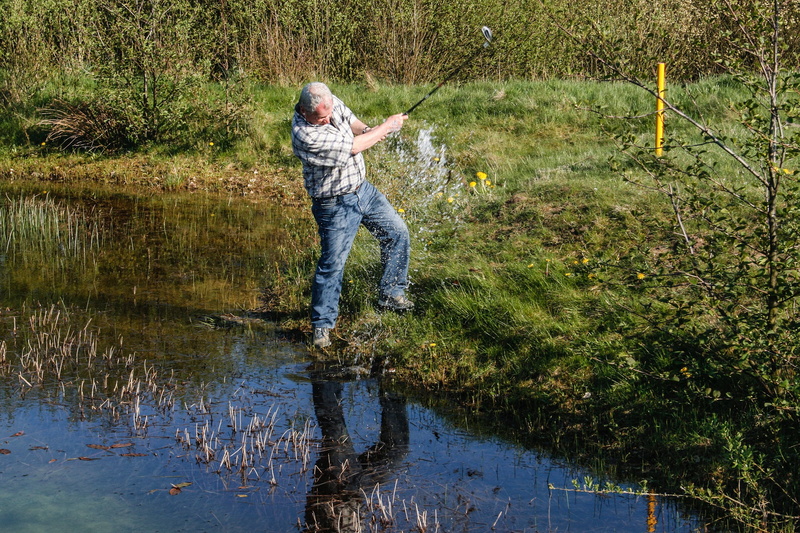 full length, near, plant, standing, reflection, arms raised, golfers, human arm, golf swing, day, tree, one person, lake, man, real people, grass, 2K