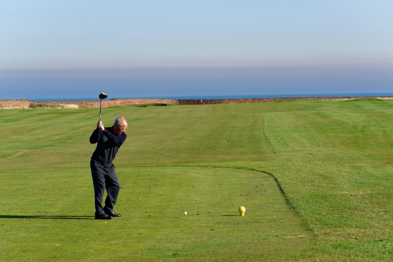 golf club, sportsman, activity, active, men, sea, taking a shot - sport, tee, adult, play, ball, golf, green color, grass, swing, sky, outdoors, fun, golfer