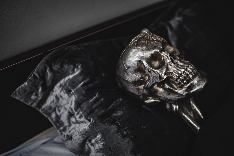 bone, metal, still life, indoors, spooky, halloween, skull, focus on foreground, decorations, high angle view, representation, no people, fall, 5K, close-up