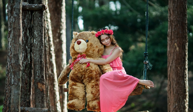 teddy bears, model, women, swings, barefoot, 1080P, closed eyes