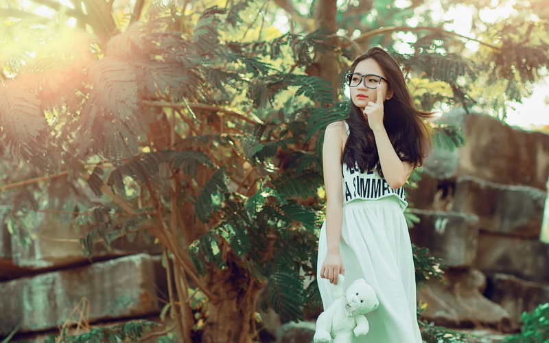 model, women, teddy bears, women with glasses, 2K, Asian
