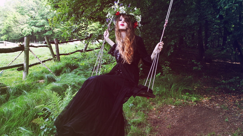 swings, forest, land, growth, long hair, black dress, leisure activity, mammal, flowers, 1080P, tree, green color, day, women, plant, wreaths, young adult