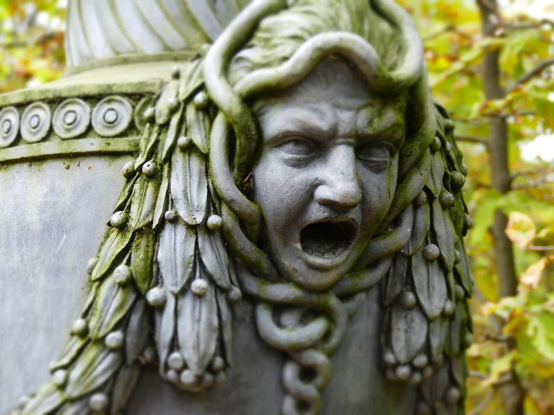 ornate, sculpture, green color, close-up, art and craft, outdoors, focus on foreground, spirituality, gargoyle, human representation, amphora, carving - craft product