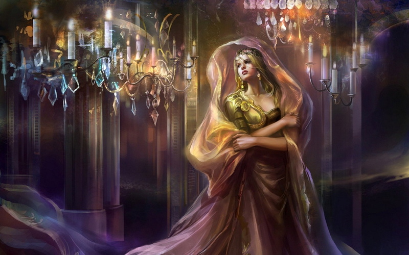 fantasy, hall, pendants, queen, crystal, beauty, lights, 720P, jewelry, column, tiara, chandeliers, candles
