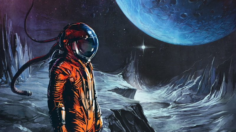 astronomy, night, helmet, standing, adult, Astronaut, mid adult, water, 1080P, three quarter length, occupation, adventure, one person, headwear, Music