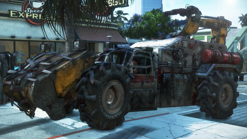street, sunlight, motor vehicle, machinery, transportation, plant, dead rising 3, building exterior, 1080P, city, land vehicle, car, nature, day, wheel