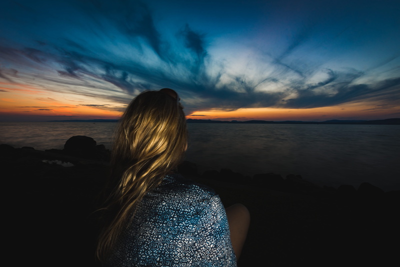 twilight, landscape, rock - Object, nature, coastline, dusk, lake, beauty In Nature, romance, beauty, lifestyles, summer night, woman, sun, water, rear View