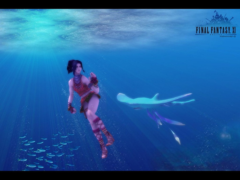 Video Game, blue, one person, auto post production filter, water, transfer print, outdoors, sea, animal wildlife, 480P, clothing, swimming, Final Fantasy XI