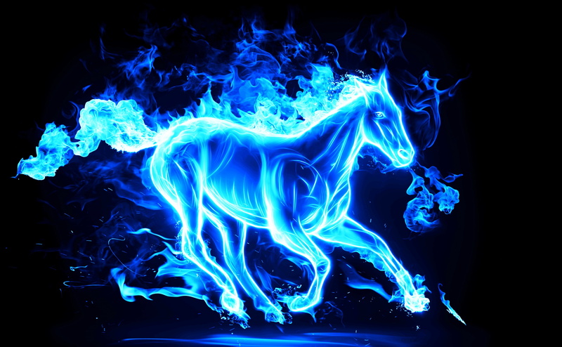 Black, Background, Aero, 4K, fantasyart, Running, Blue, Horse, Flame