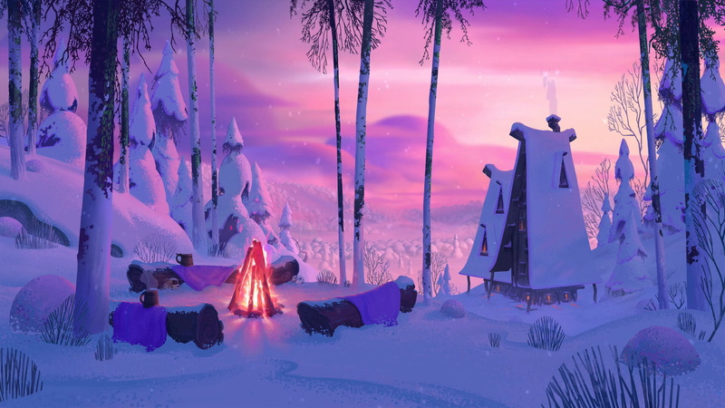 campfire, digital art, 1080P, cabin, snow, mug, forest, Gavin ODonnell