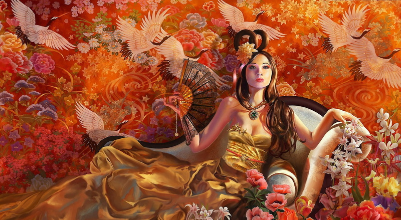 floral pattern, digital, lying down, pattern, long hair, Fantasy, indoors, Cranes, beauty, leisure activity, beautiful woman, portrait, dress, sweetheart