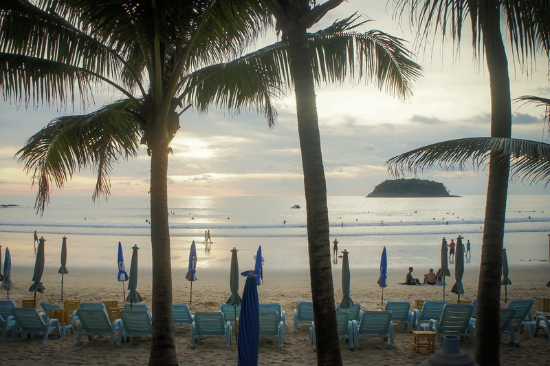 kata-noi, asia, chaise chairs, chair, trunk, 1080P, outdoors, horizon over water, phuket, nature, no people, plant, palm trees, ocean, tropical beach