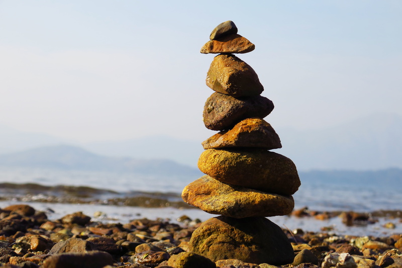 focus on foreground, sha, sky, ecology, stone - object, beach, cairn, sea, stack, harmony, day, coast, rock, rock - object, balance, stone, zen-like, pebble