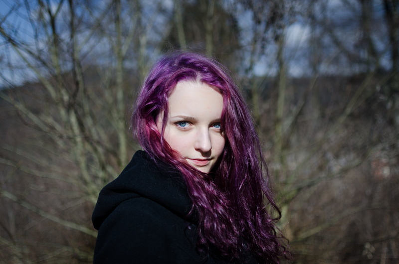 blue eyes, contemplation, beautiful woman, dyed hair, portrait, forest, dyed red hair, one person, young women, tree, hairstyle, redhead, young adult, land