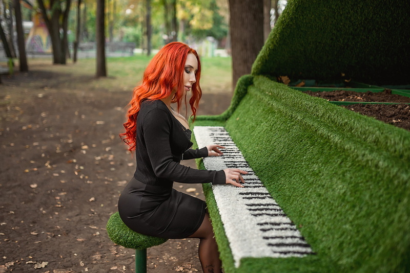 green color, leisure activity, lifestyles, Eva Rudneva, one person, trees, plant, long hair, land, adult, tree, day, skirt, redhead, 1080P, dyed red hair