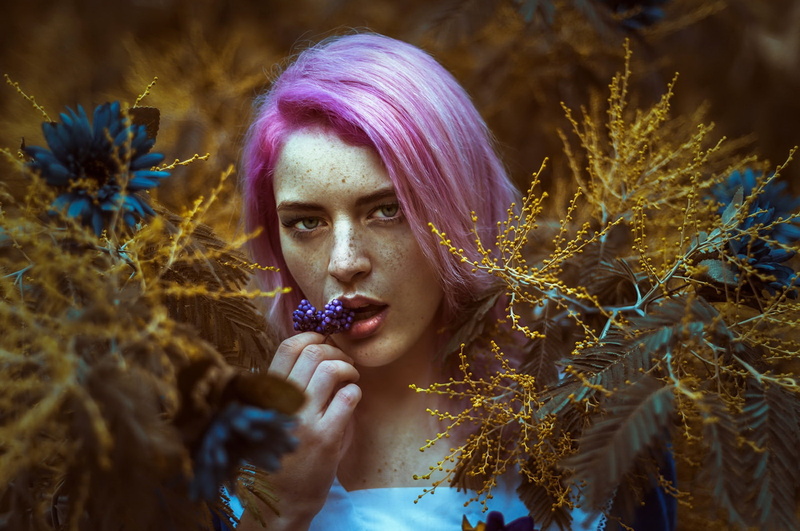 dyed hair, 1080P, holding, plants, young adult, face, front view, headshot, women, young women, nature, outdoors, model, hairstyle, hair, one person, beautiful woman
