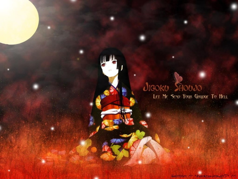 Enma Ai, red background, kimono, red eyes, winter, moon, snow, nature, star - space, illuminated, anime girls, male likeness, logo, christmas, 480P, long hair
