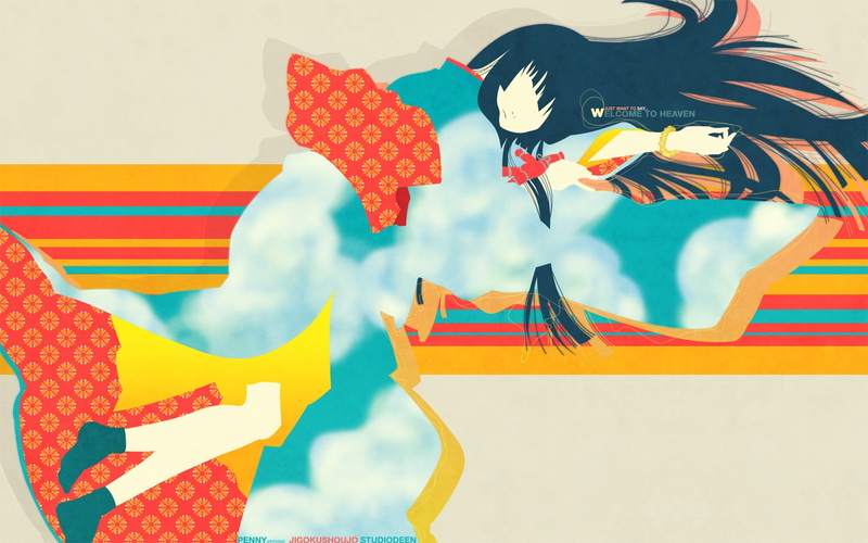 low angle view, representation, art and craft, architecture, anime girls, lying down, day, no people, 1080P, long hair, pattern, Jigoku Shoujo, choice