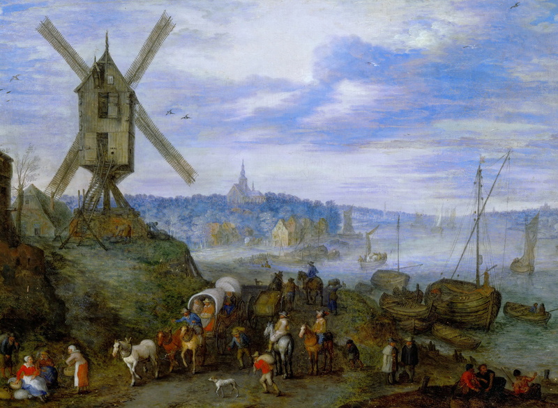 picture, Jan Brueghel the elder, River Pier with Mill, landscape, 2K