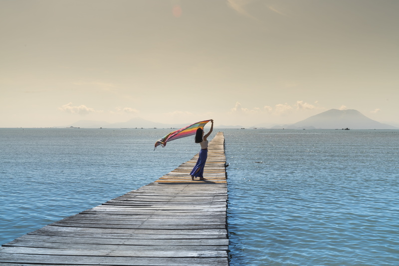 summer, 8K, lonely, look, happy, woman, shore, textile, sunrise, see, sea, holding, women, dock, wooden, alone, arms raised, young, scenery, quiet, stand
