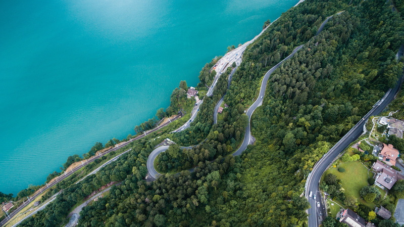 view, ocean water, trees, turquoise colored, countryside, road, aerial view, land, tranquil scene, no people, scenics - nature, curve, scenery, vertical