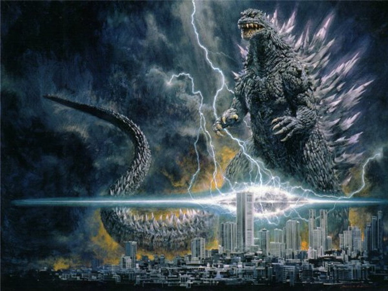 Godzilla, nature, built structure, sky, famous Place, digital composite, warning sign, office building exterior, communication, 480P, skyscraper, ominous