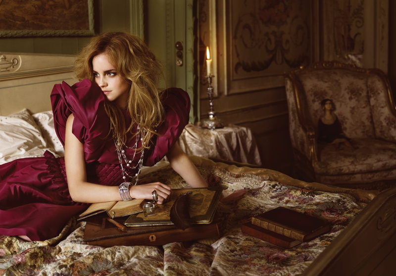 beauty, 1080P, makeup, outfit, books, room, Emma Watson, pose, decoration, sitting, Mark Seliger, photoshoot, Vogue, brown hair, dress, chair, hairstyle