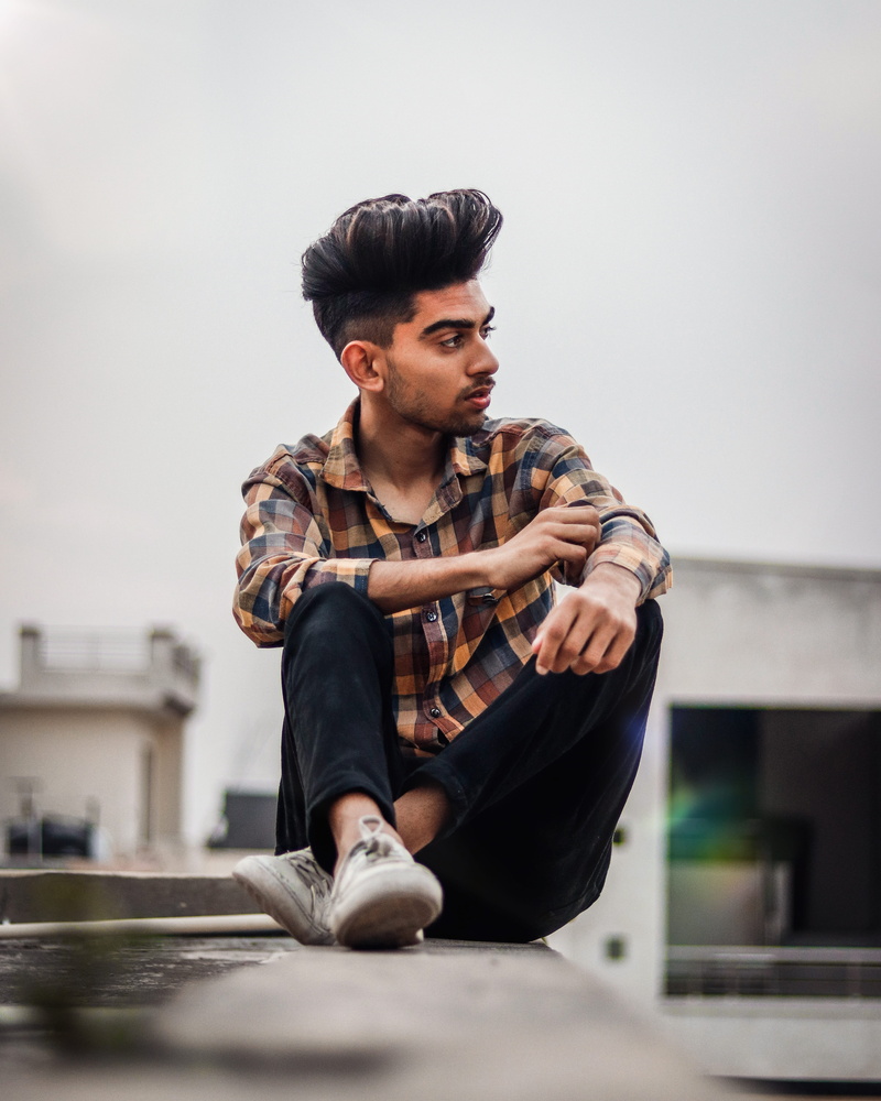 check shirt, model, outdoors, 4K, urban, young men, building, leisure activity, pose, canon, male, street, fashion, top, casual clothing, contemplation