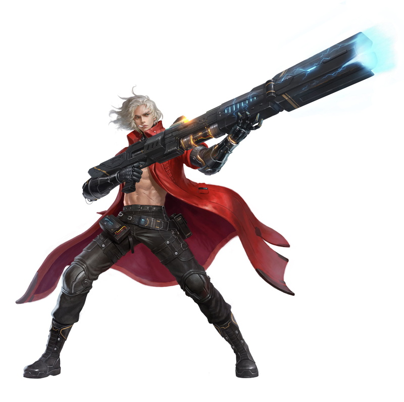 drawing, wind, smoking, silver hair, white background, mantle, pants, men, weapon, 1080P, Yoon Lee, science fiction, railguns, warrior, cigarettes, gun