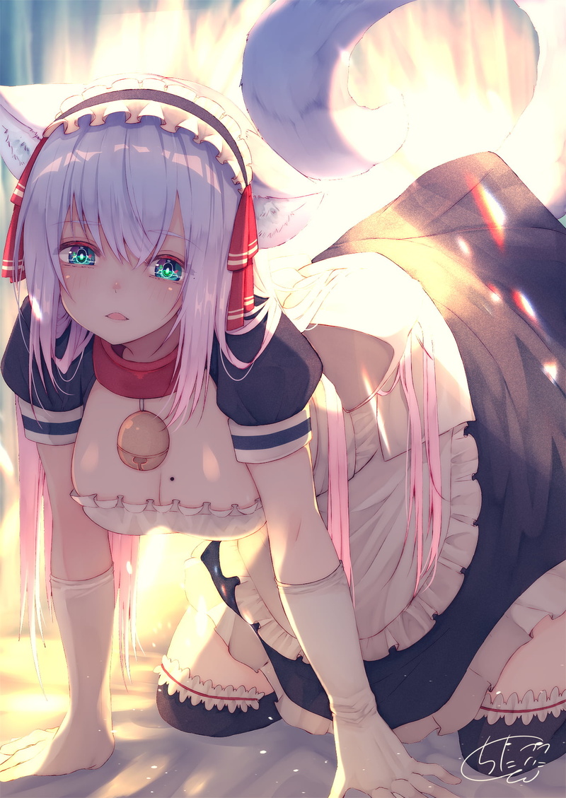 elbow gloves, cleavage, blushing, artwork, thigh-highs, fantasy girl, lens flare, backlighting, anime girls, dress, anime, chita (ketchup), kneeling, digital art