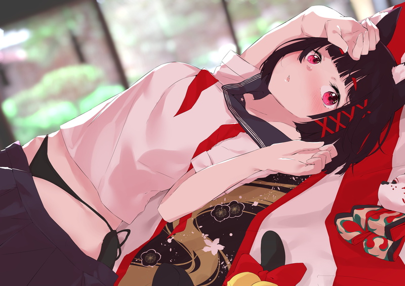 Yamashiro (Azur Lane), mask, blush, pink hair, black hair, school uniform, 4K, panties, short hair, tail, animal ears, underwear, skirt