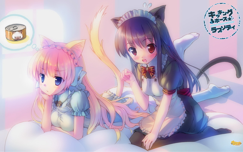 blue eyes, 1080P, hair ornament, cat ears, red eyes, blond hair, pink hair, anime, anime girls, kneeling, tail, dark hair, nekomimi, blushing