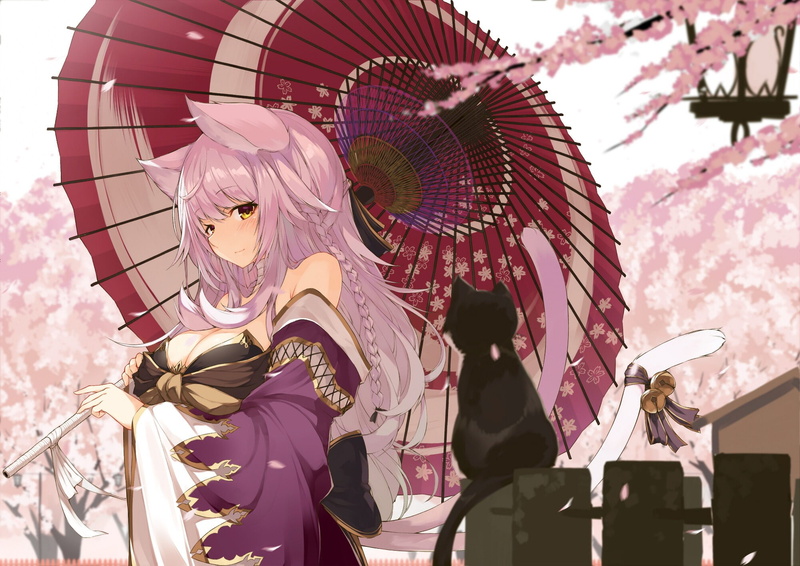 1080P, cat girl, yellow eyes, long hair, animal ears, nekomimi, anime girls, pink hair, tail, anime, umbrella
