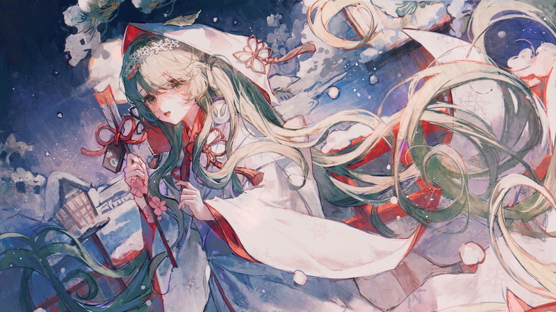 Hatsune Miku, twintails, 4K, traditional clothing, Vocaloid, kimono, teal hair, long hair, snowing, Matcha_, Shiromuku