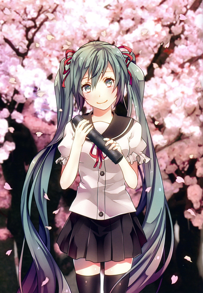 blossom, anime, 2K, anime girls, Vocaloid, Hatsune Miku, clothing, flowering plant, cherry blossom, pink color, flower petals, beauty in nature, beauty