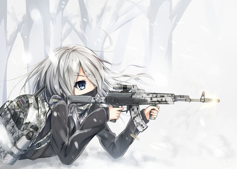 portrait, looking at camera, weapon, snow, front view, day, real people, one person, anime girls, anime, communication, nature, safety, gray hair, sign
