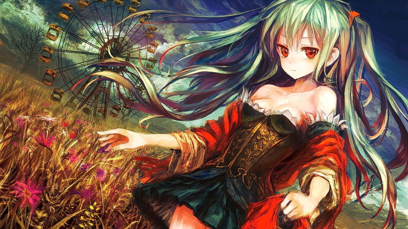 anime girls, 1080P, green hair, sky, red eyes, flowers, long hair, looking at viewer, anime, clouds