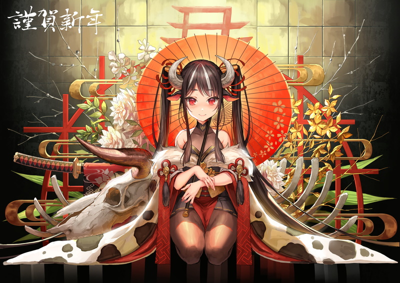 Japanese umbrella, cowgirl, Mai Okuma, anime, cow girl, umbrella, horns, original characters, katana, kimono, 1080P, anime girls