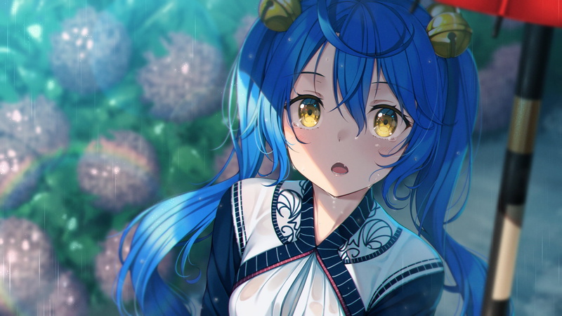 1080P, Amamiya Kokoro, anime girls, umbrella, bell, rain, yellow eyes, anime, blue hair